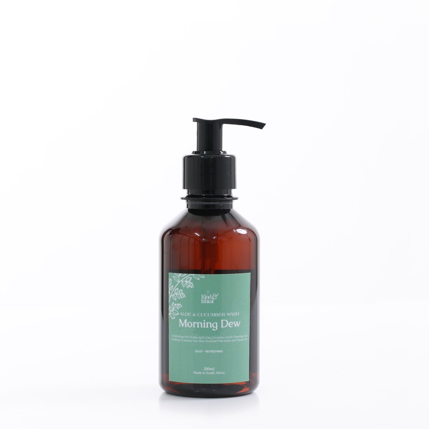 Brown Bottle containing Aloe and Cucmber Body wash on plain white background
