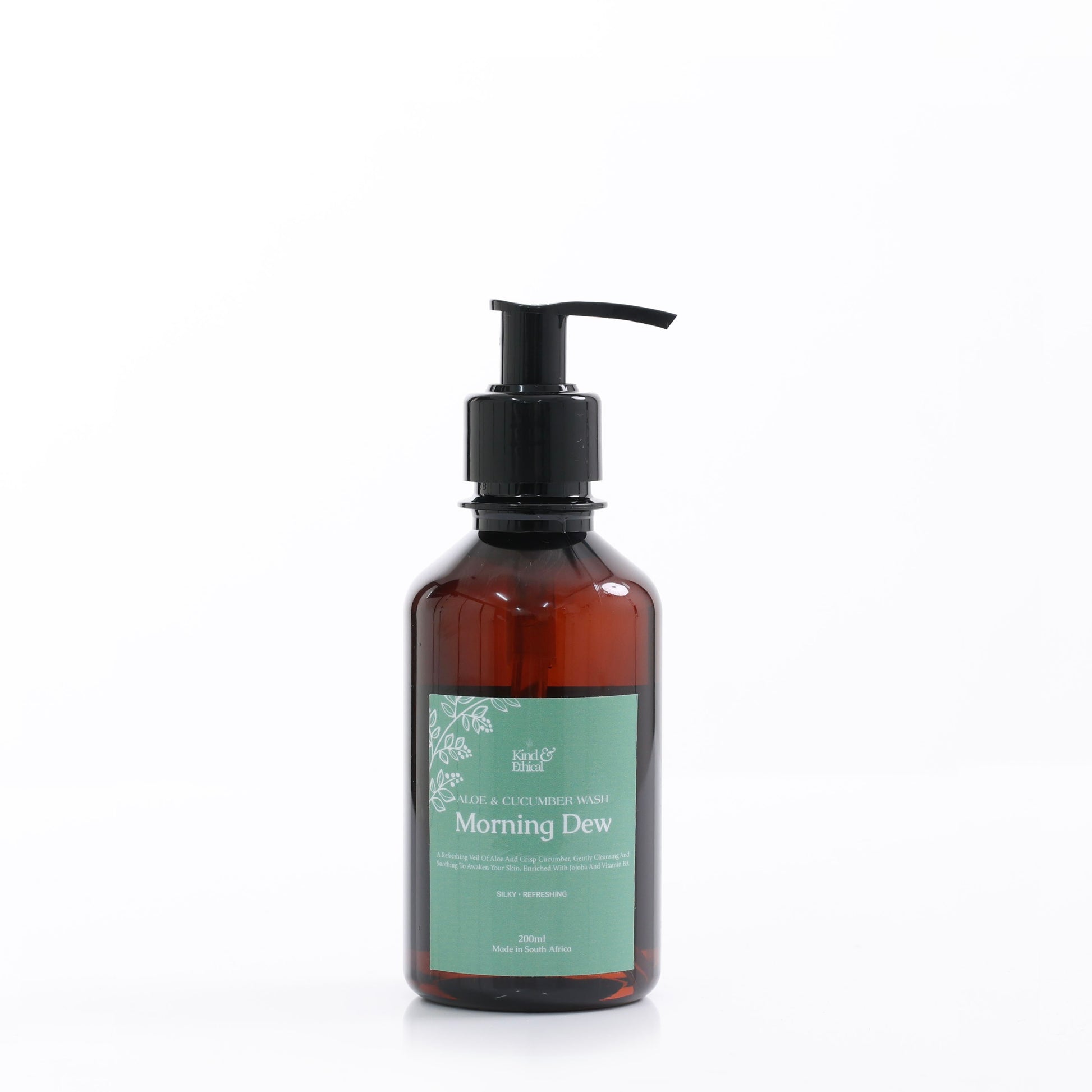 Brown Bottle containing Aloe and Cucmber Body wash on plain white background