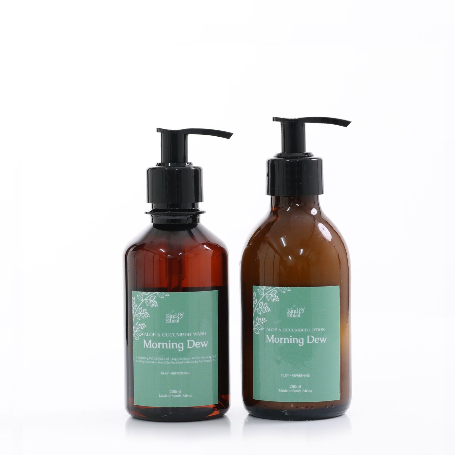 Two bottles of 'Morning Dew' with pump dispensers on a white background