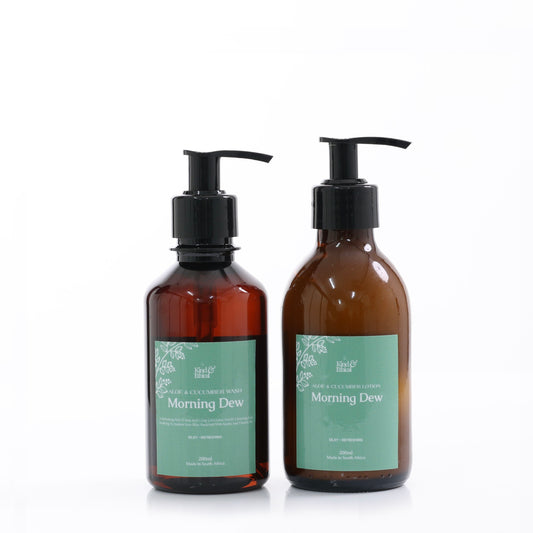 Two bottles of 'Morning Dew' with pump dispensers on a white background