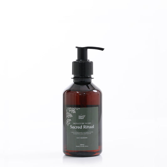 Brown body wash bottle with pump labeled 'Sacred Ritual' on a white background